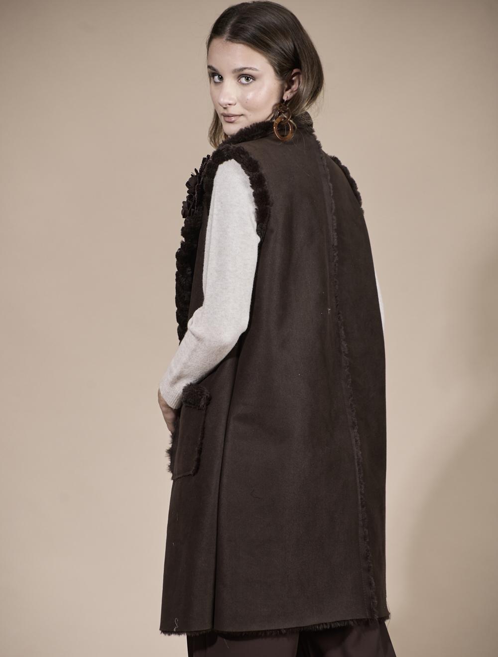 Save The Queen Gilè Lungo In Ecopelle E Ecopelliccia Marrone