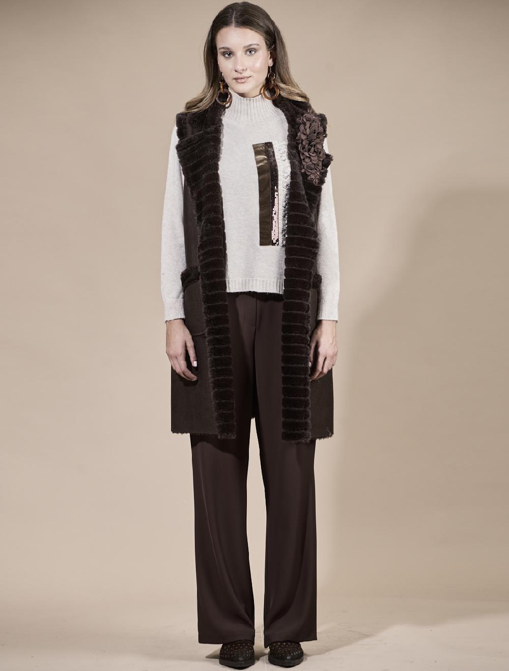 Save The Queen Gilè Lungo In Ecopelle E Ecopelliccia Marrone