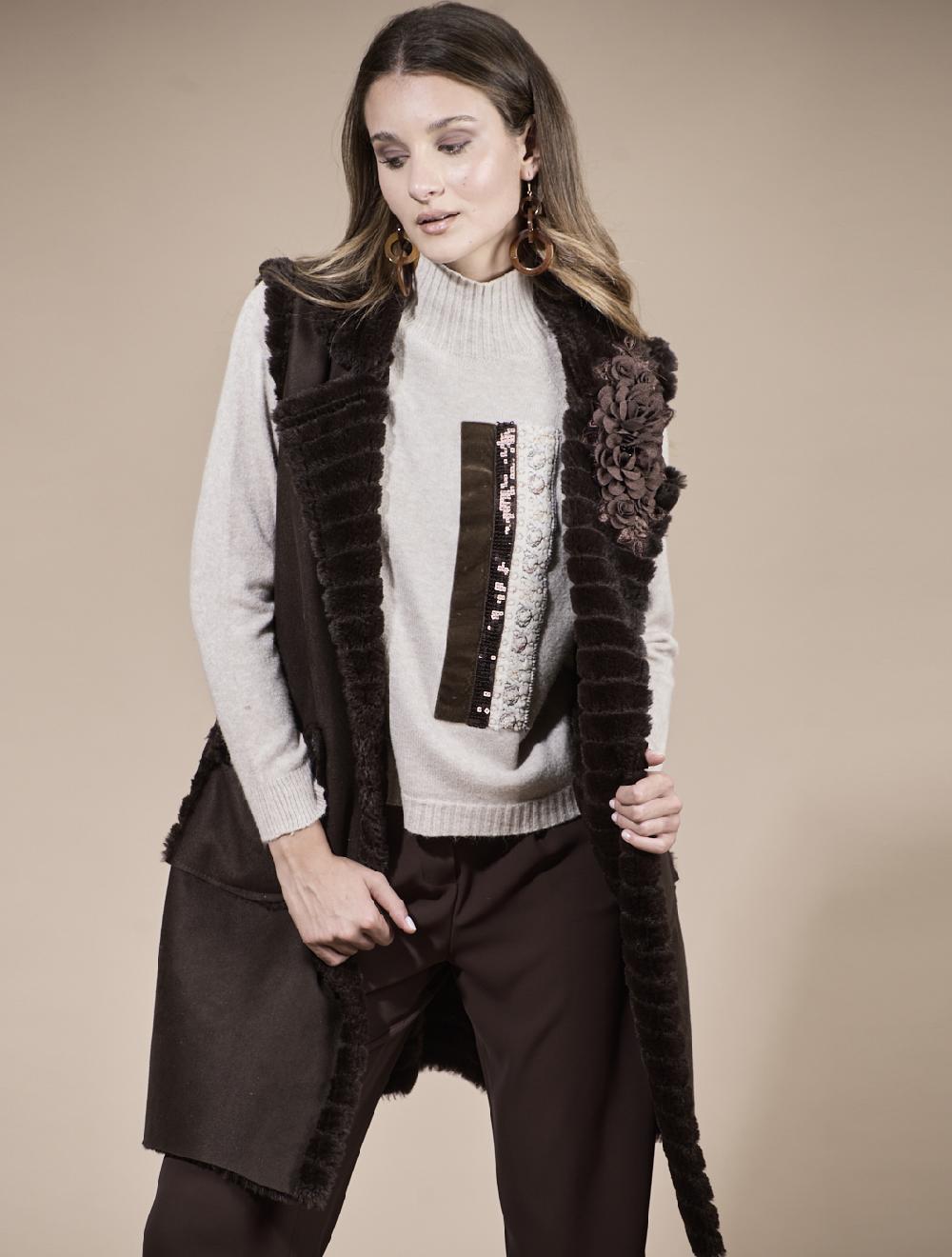 Save The Queen Gilè lungo in ecopelle e ecopelliccia marrone