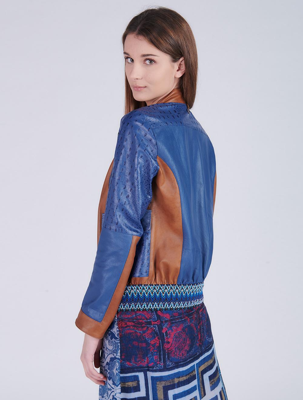 Save The Queen Giubbotto In Pelle Blu Denim E Color Cognac Lavorato Ad Intarsi