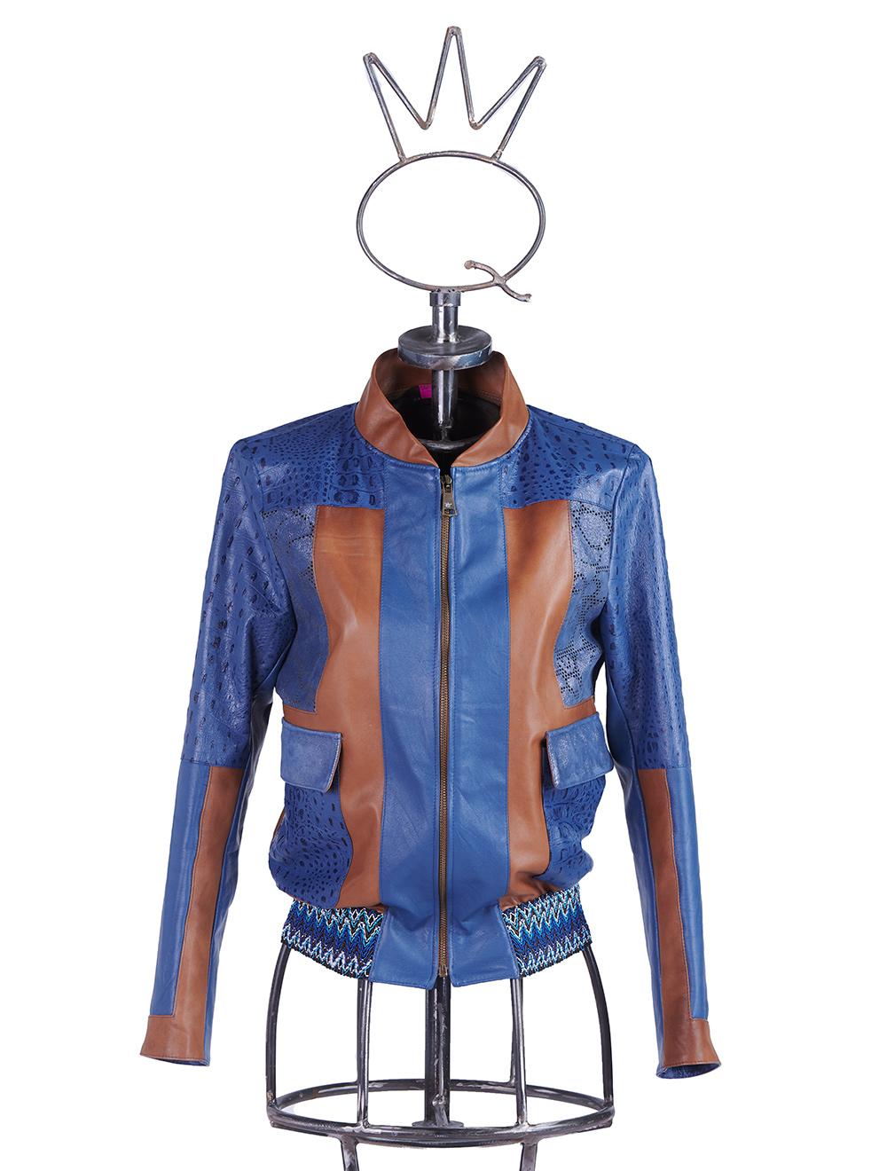 Save The Queen Giubbotto In Pelle Blu Denim E Color Cognac Lavorato Ad Intarsi
