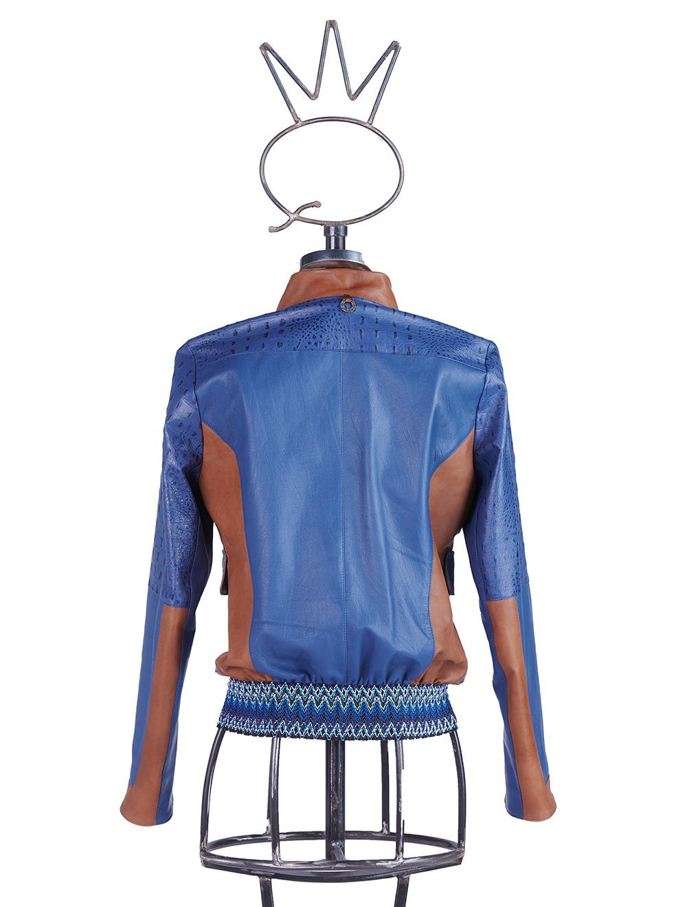 Save The Queen Giubbotto In Pelle Blu Denim E Color Cognac Lavorato Ad Intarsi
