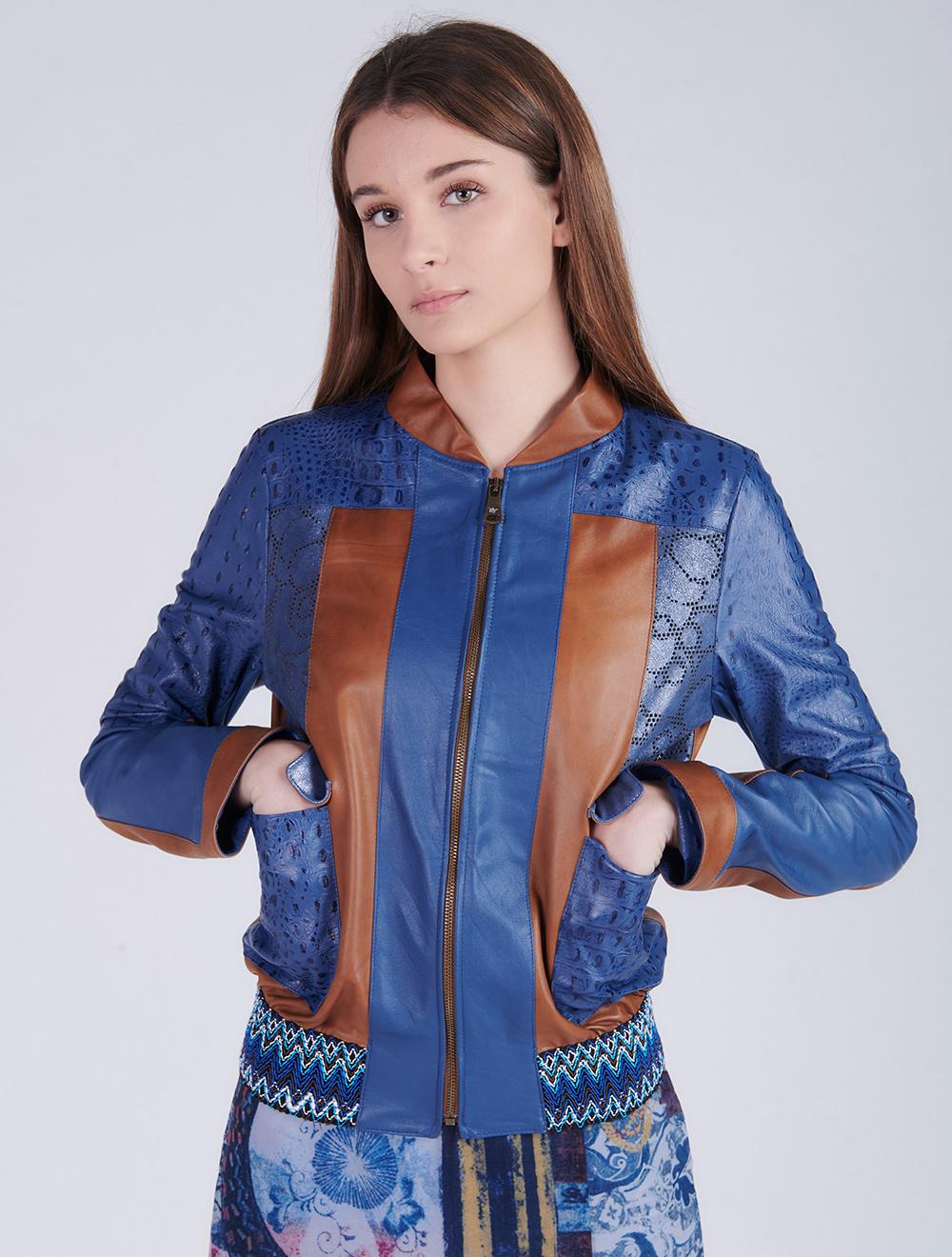 Save The Queen Giubbotto in pelle blu denim e color cognac lavorato ad intarsi