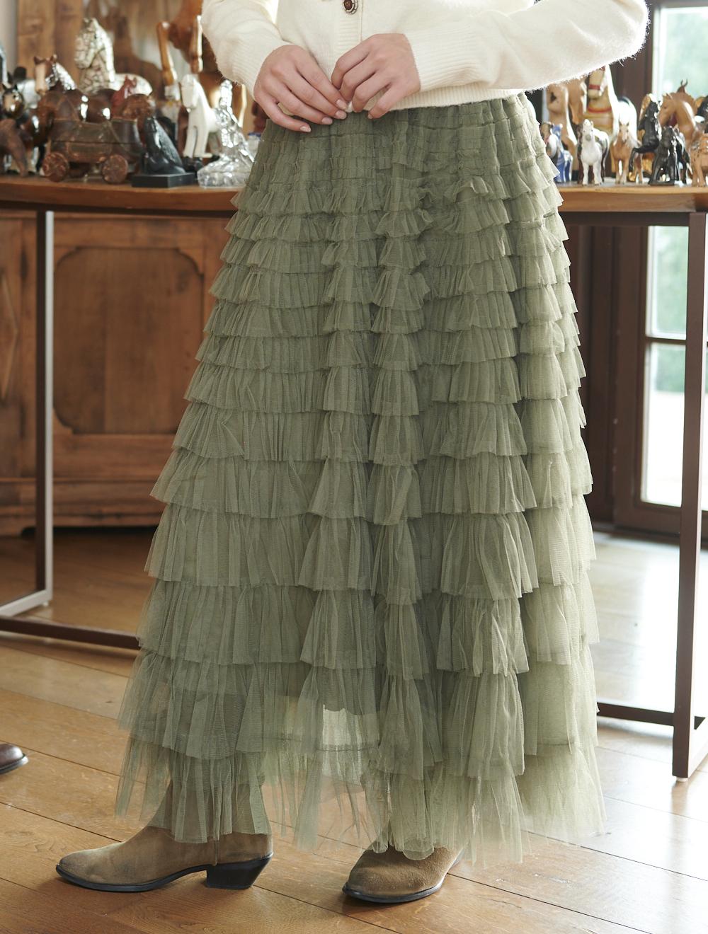 Save The Queen Gonna lunga a balze in tulle verde militare