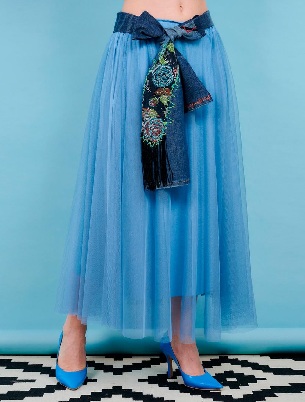 Save The Queen Gonna Lunga Azzurro Polvere Con Fusciacca In Jeans Ricamato