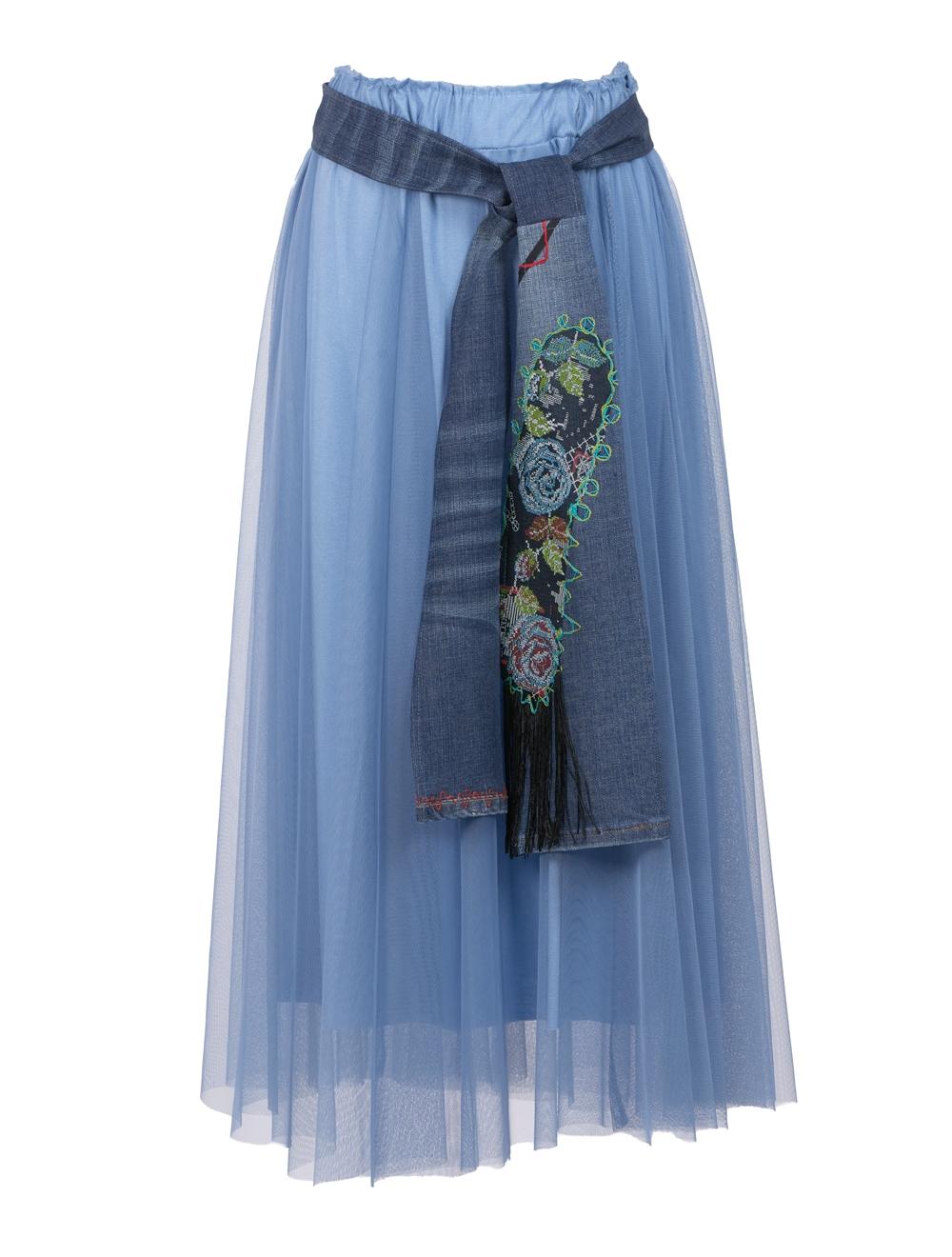 Save The Queen Gonna Lunga Azzurro Polvere Con Fusciacca In Jeans Ricamato