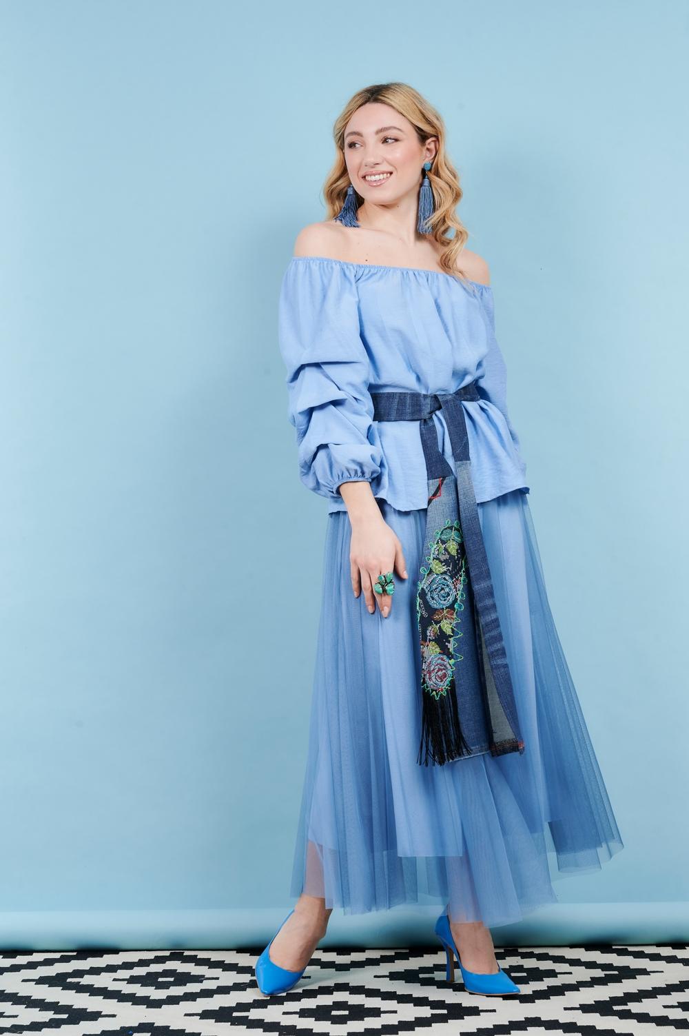 Save The Queen Gonna lunga azzurro polvere con fusciacca in jeans ricamato