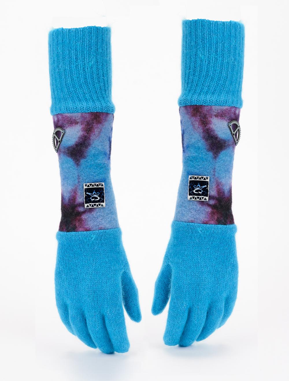 Save The Queen Guanti turchesi di angora con manica in lana cotta tie-dye