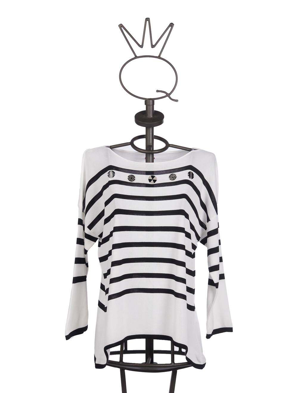 Save The Queen Maglia Bianca A Righe Nere In Viscosa Con Applicazione