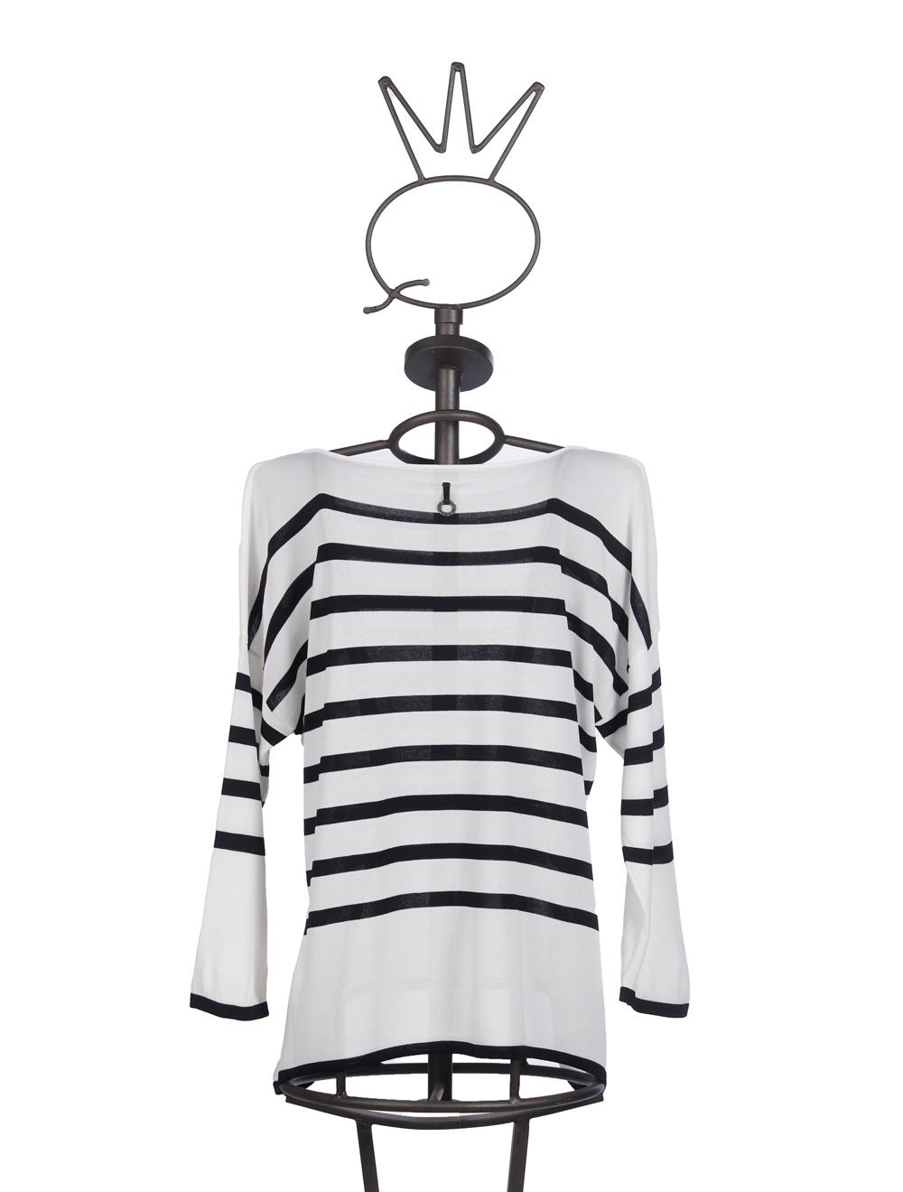 Save The Queen Maglia Bianca A Righe Nere In Viscosa Con Applicazione