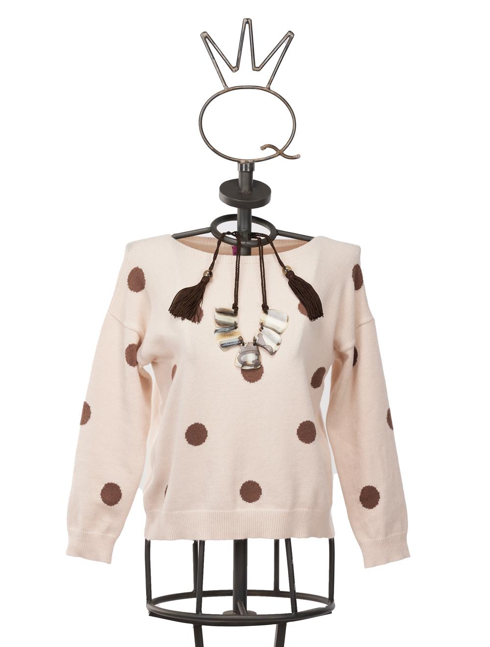 Save The Queen Maglia In Viscosa Beige A Pois Marroni Con Collana