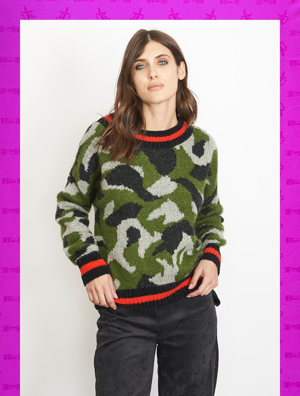 Save The Queen Maglia Jacquard Con Disegno Camouflage In Lana Mohair