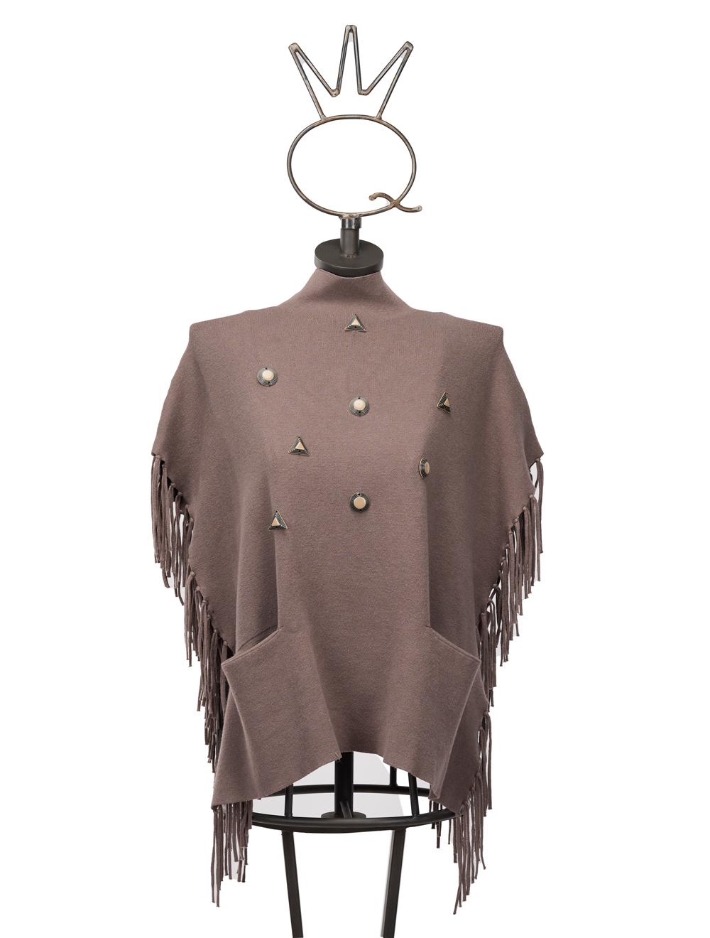 Save The Queen Maglia Poncho Color Tortora In Viscosa Con Applicazioni