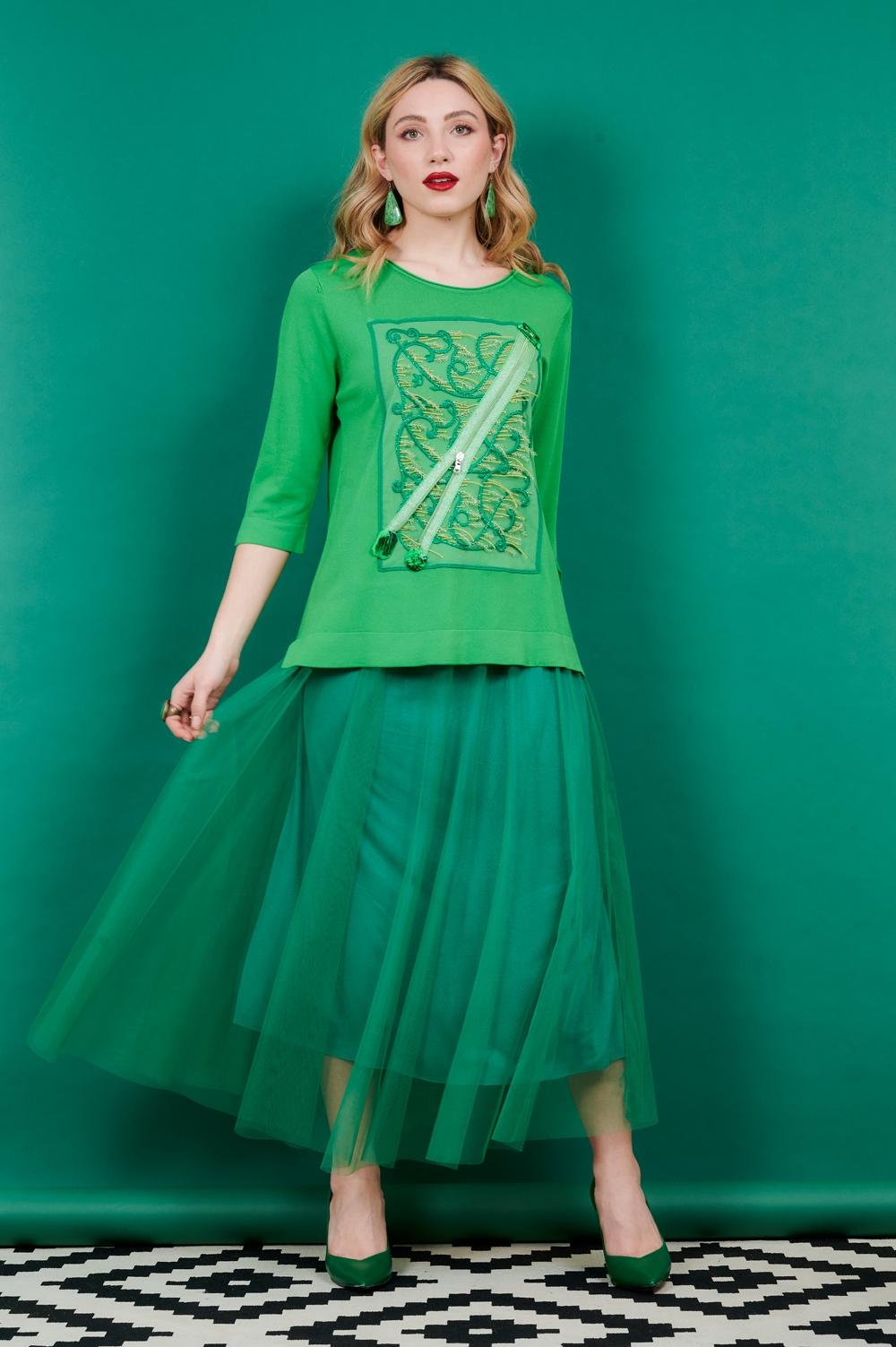 Save The Queen Maglia verde erba in viscosa con ricamo e applicazioni
