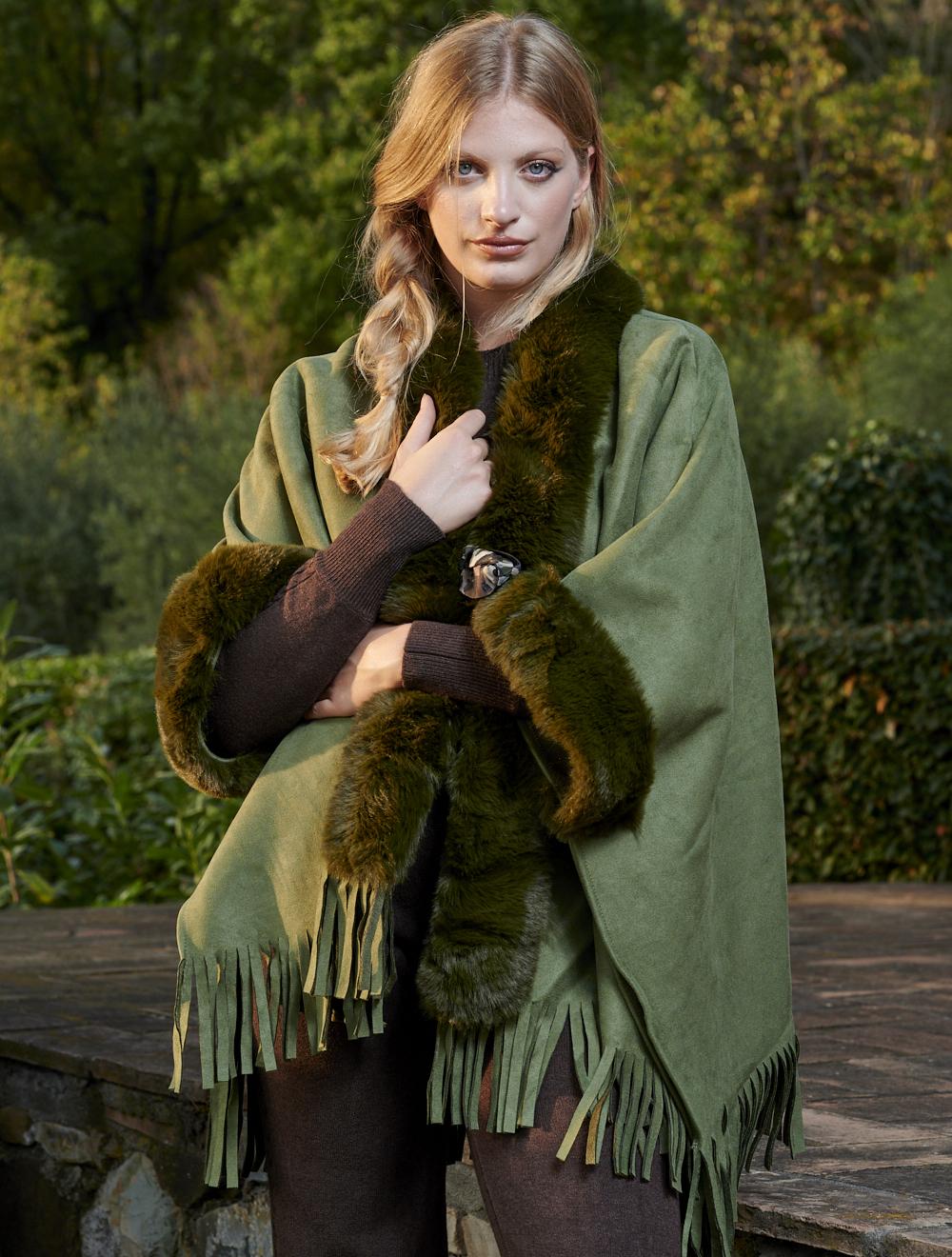 Save The Queen Mantella con frange in eco shearling