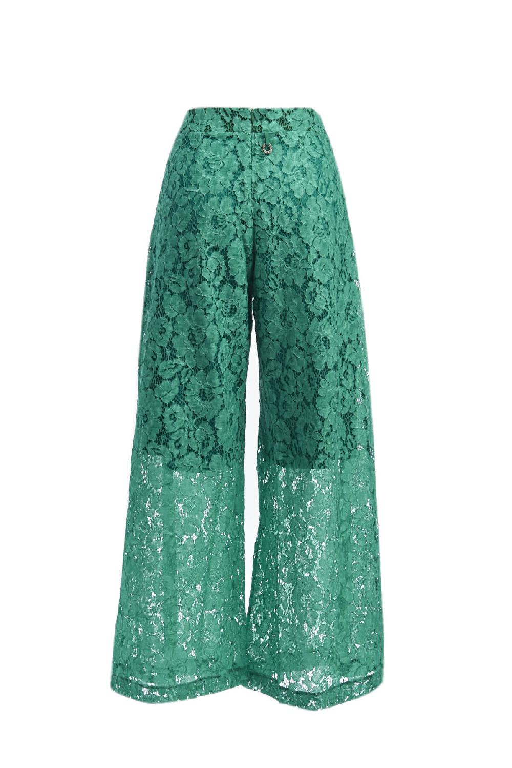Save The Queen Pantalone Palazzo In Pizzo Color Verde Smeraldo