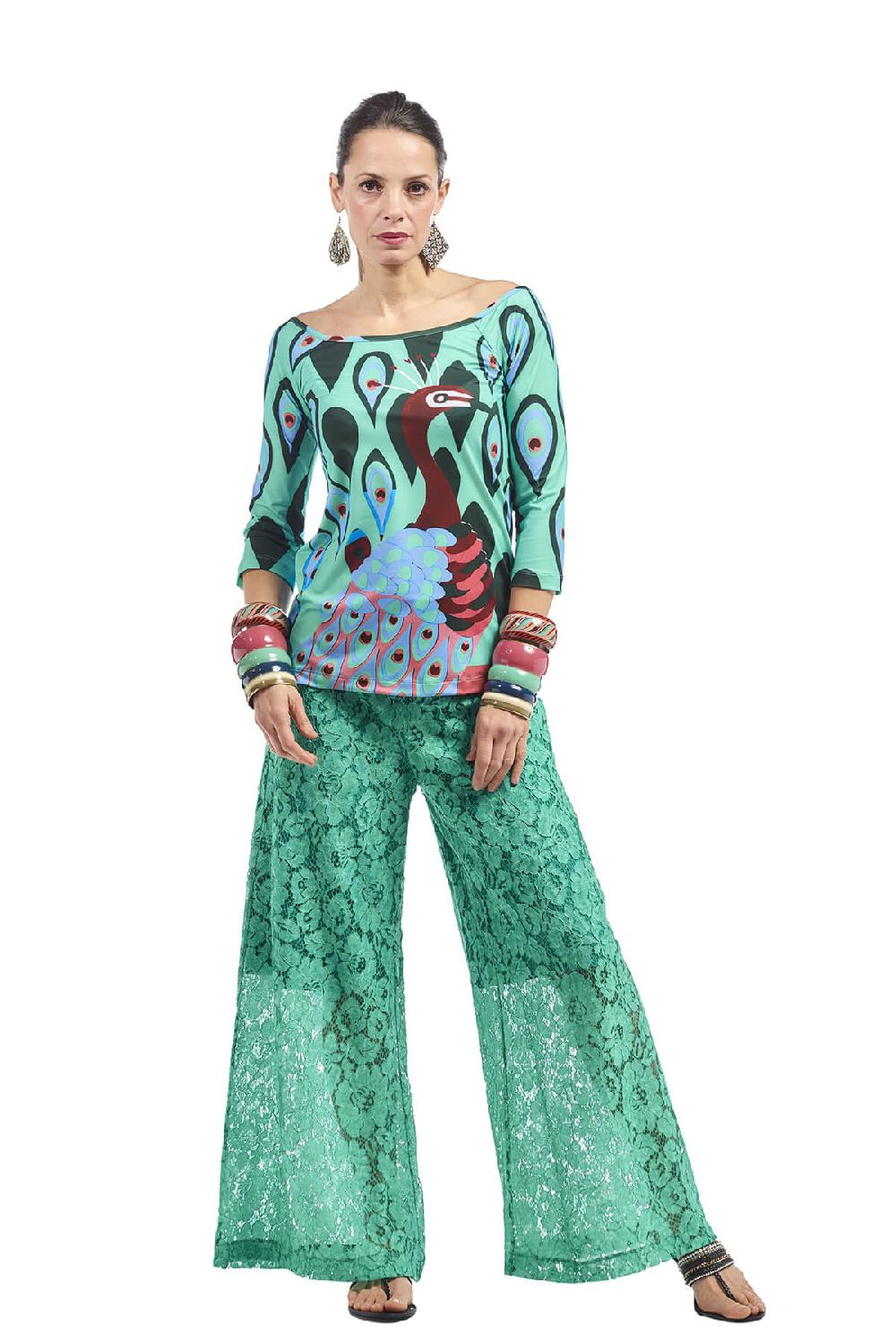 Save The Queen Pantalone Palazzo In Pizzo Color Verde Smeraldo