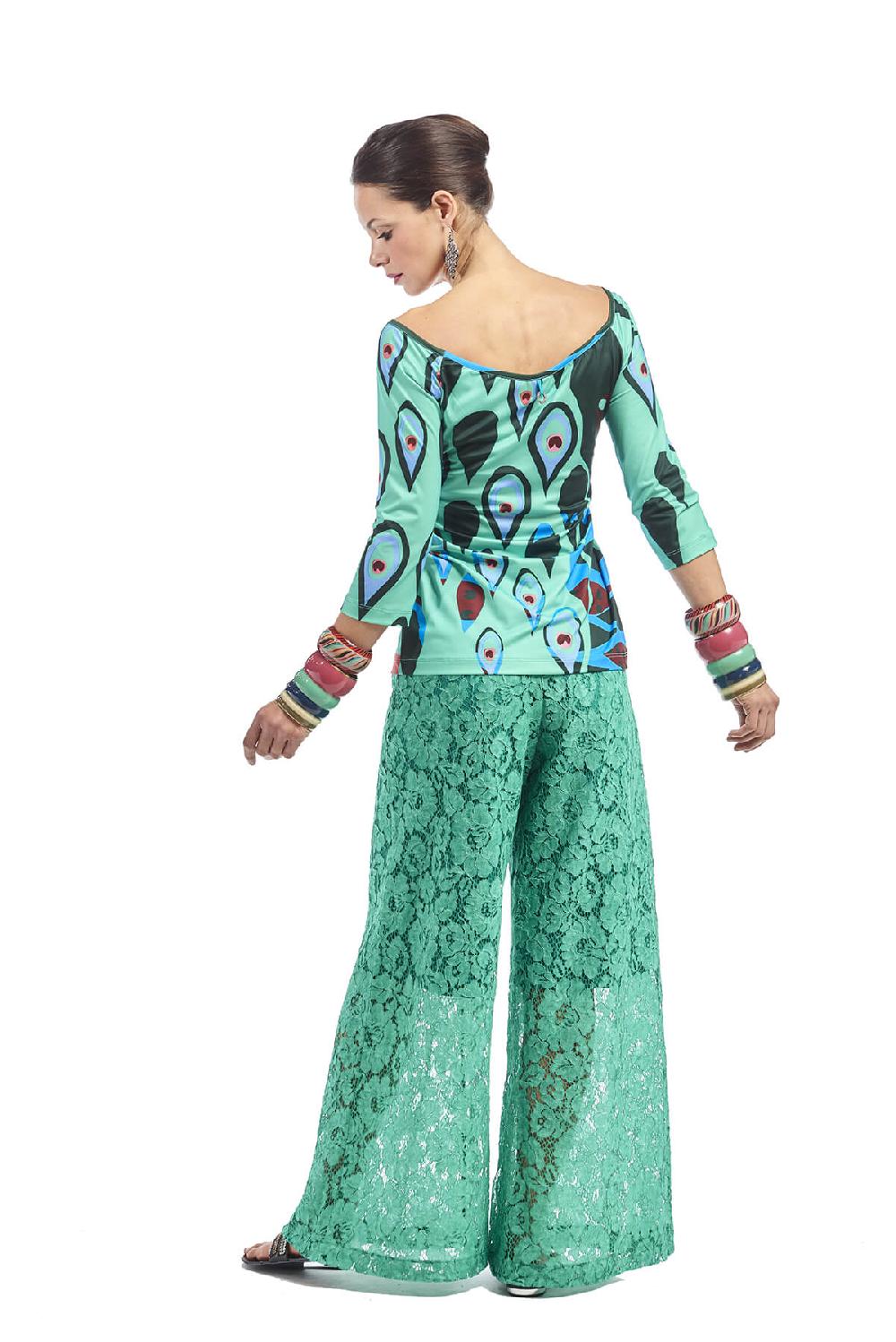 Save The Queen Pantalone Palazzo In Pizzo Color Verde Smeraldo