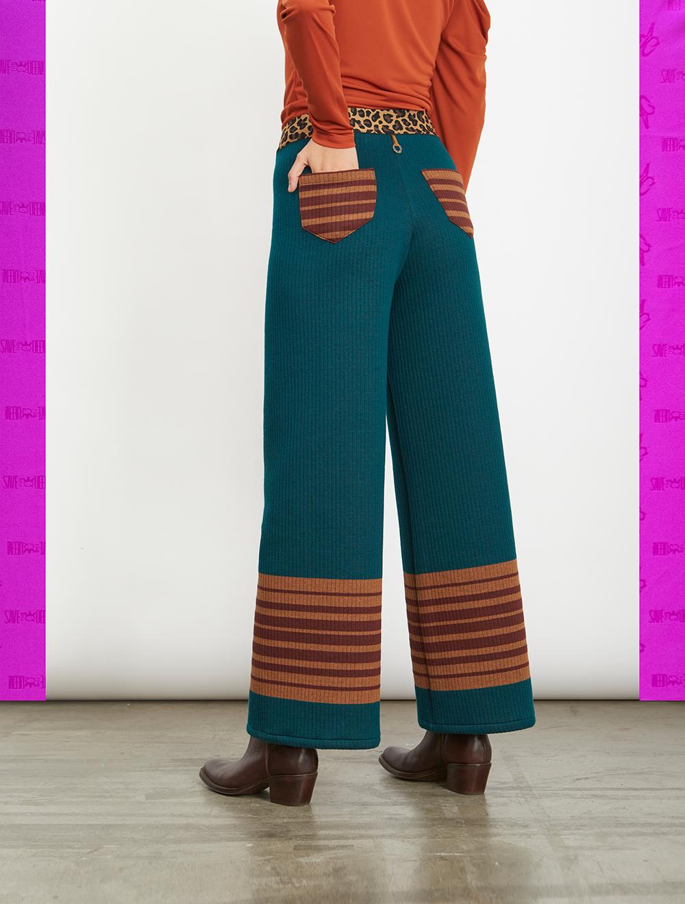 Save The Queen Pantaloni Palazzo Color Petrolio In Tessuto Di Maglia Impunturato