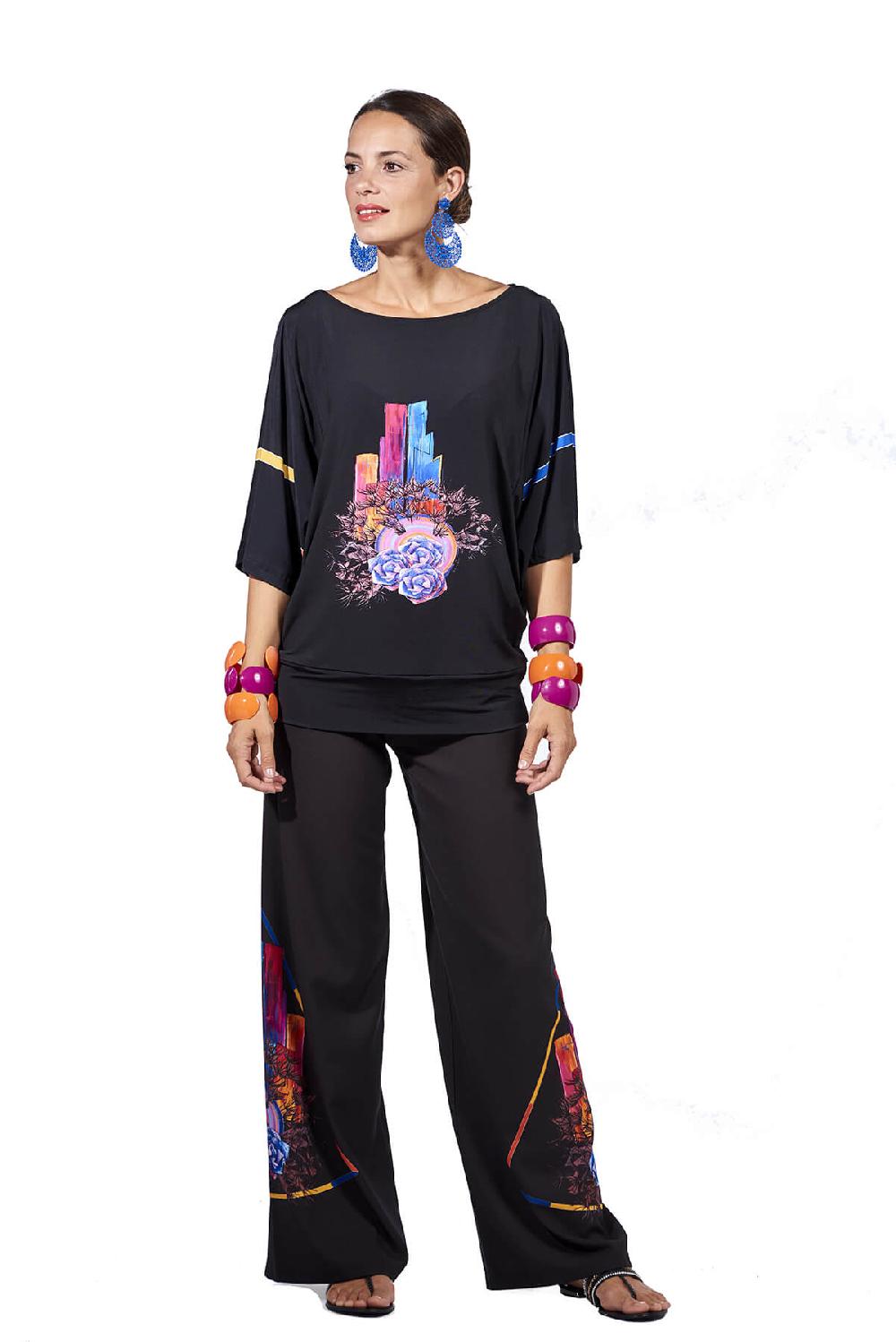 Save The Queen Pantaloni Palazzo In Crepe Nero Con Dettaglio Di Stampa Dedicata Alla New Wave