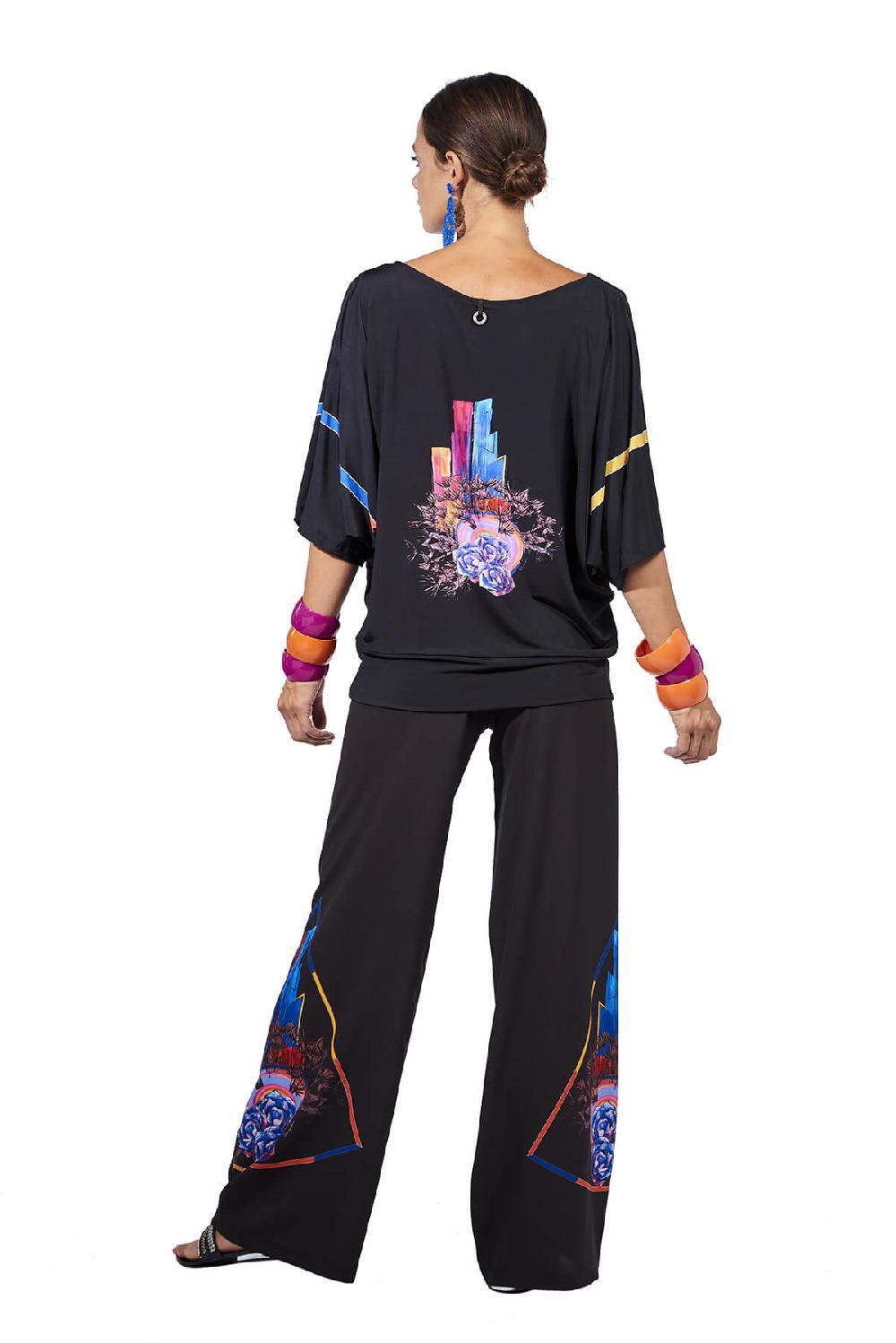 Save The Queen Pantaloni Palazzo In Crepe Nero Con Dettaglio Di Stampa Dedicata Alla New Wave