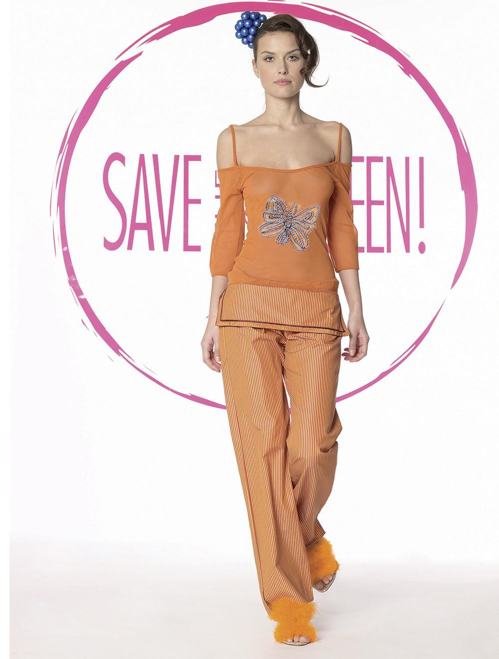 Save The Queen Pigiama lungo tre pezzi in cotone a righe e tulle