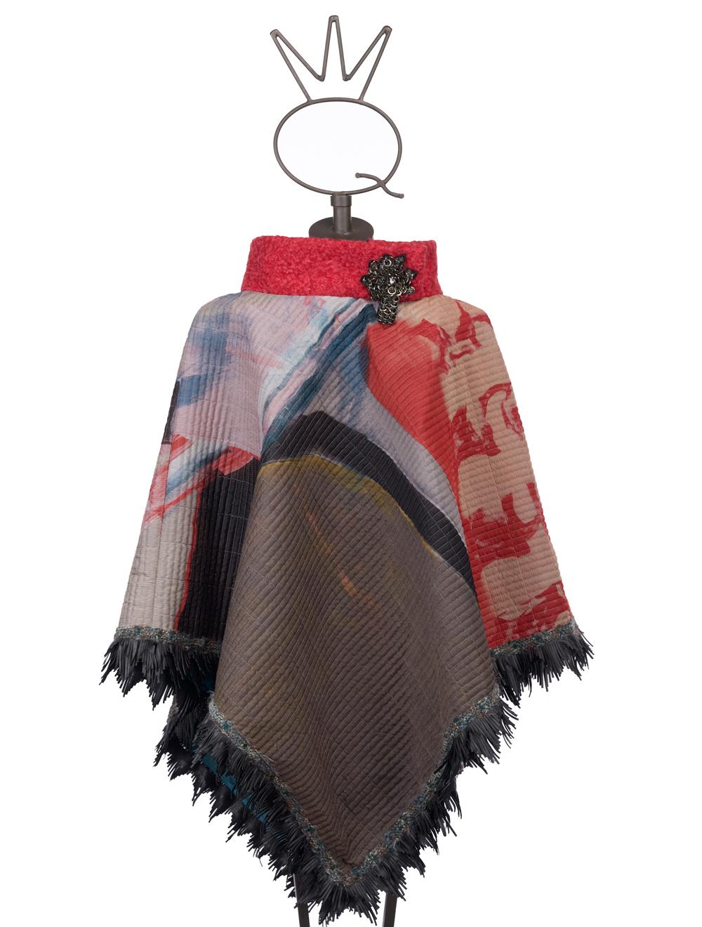 Save The Queen Poncho In Seta Con Frange In Ecopelle