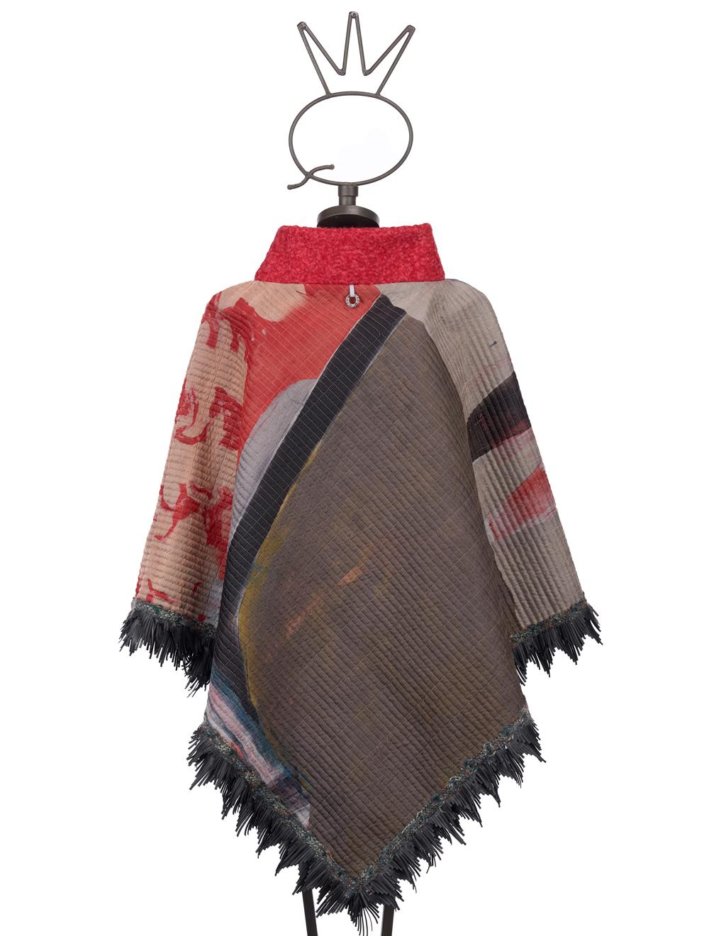 Save The Queen Poncho In Seta Con Frange In Ecopelle