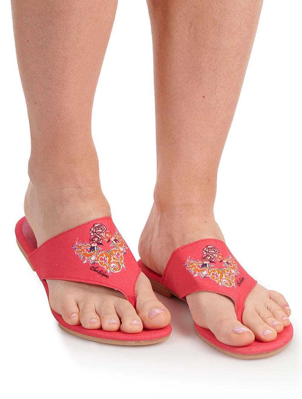 Save The Queen Sandali flat infradito fuchsia in tessuto stampato