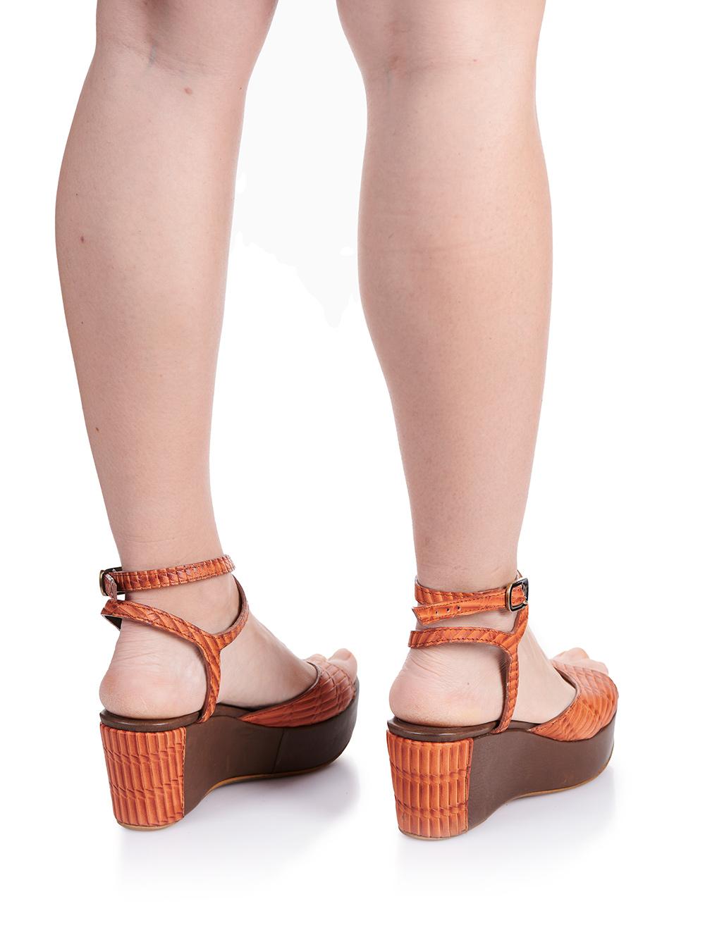 Save The Queen Sandali In Pelle Marrone E Arancio Con Zeppa E Fascia Decorata