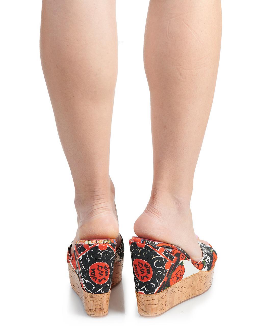 Save The Queen Sandali In Tessuto Bianco Stampato Con Zeppa In Sughero