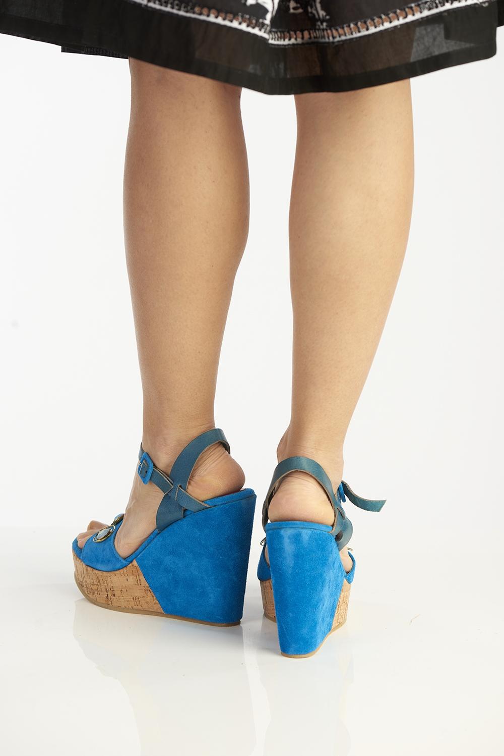 Save The Queen Sandali Turchesi In Pelle Scamosciata Con Zeppa E Fascia Decorata