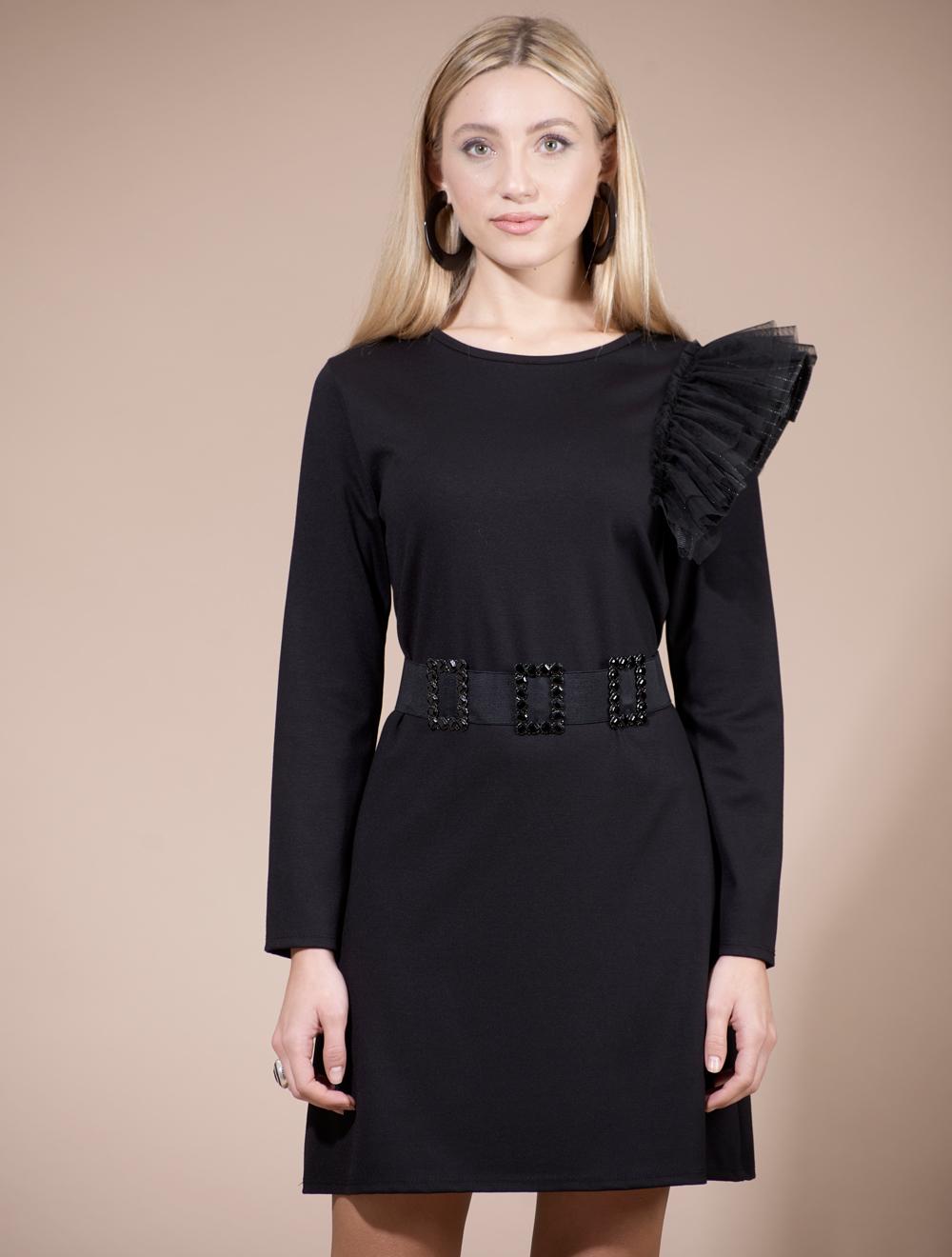 Save The Queen Abito nero con rouches e cinturone