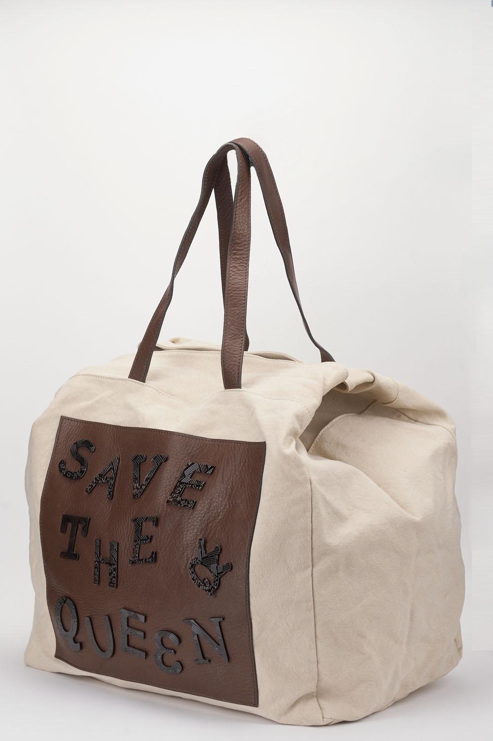 Save The Queen Borsa Grande In Cotone E Pelle
