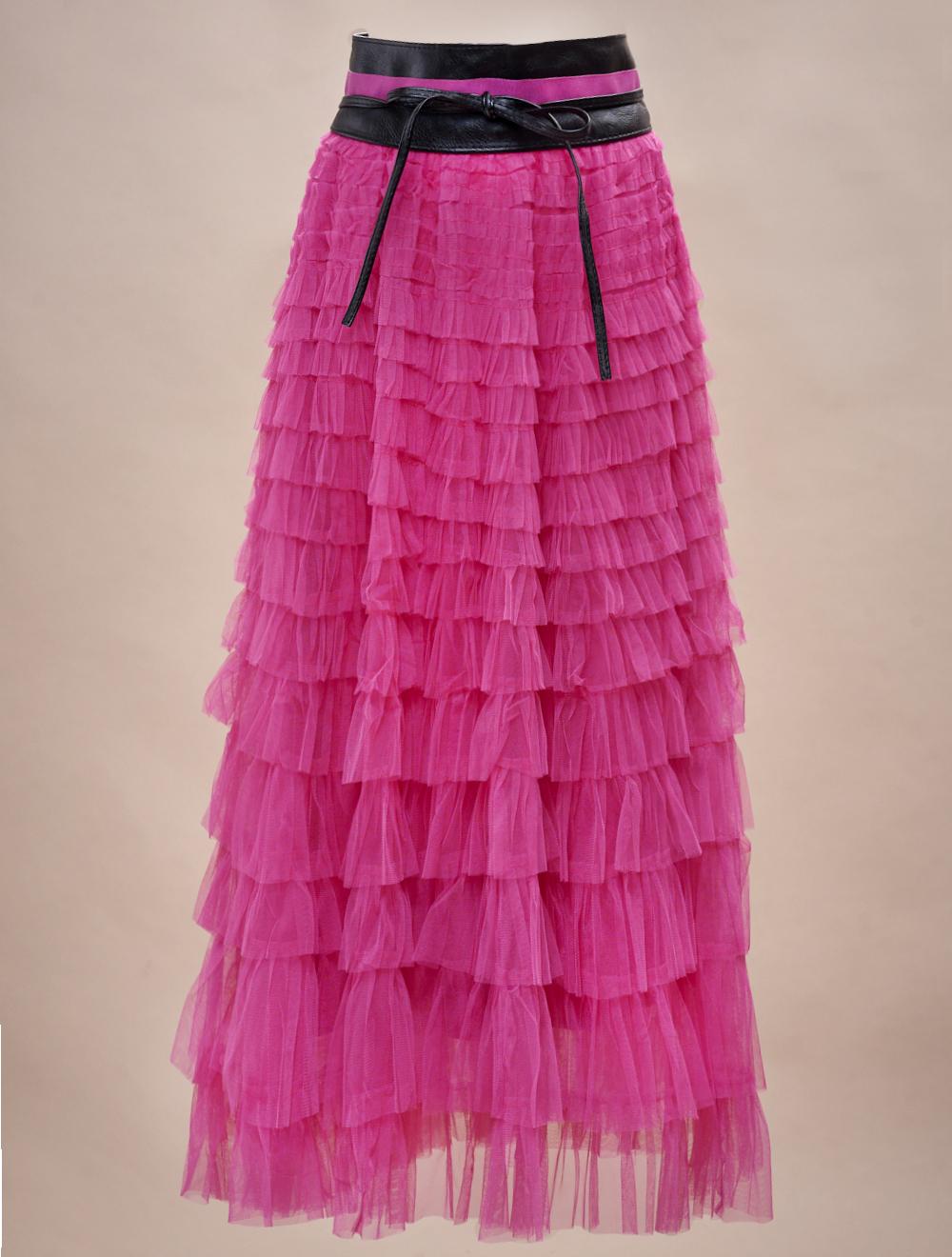 Save The Queen Gonna lunga a balze in tulle fuxia