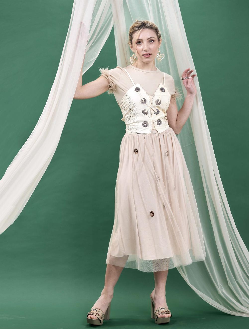 Save The Queen Gonna lunga beige con applicazioni