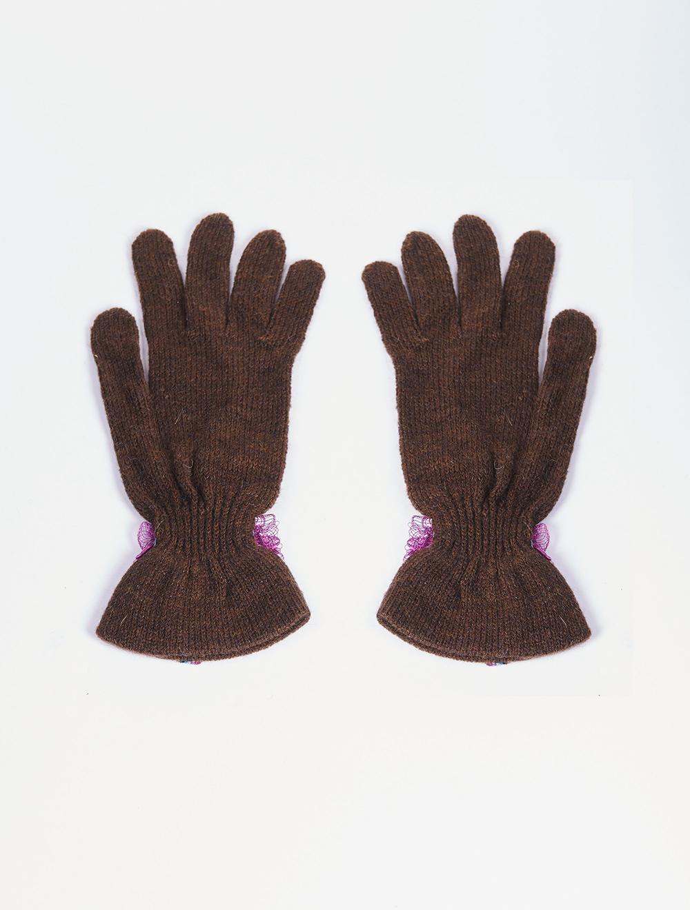 Save The Queen Guanto In Maglia Marrone Con Ricamo