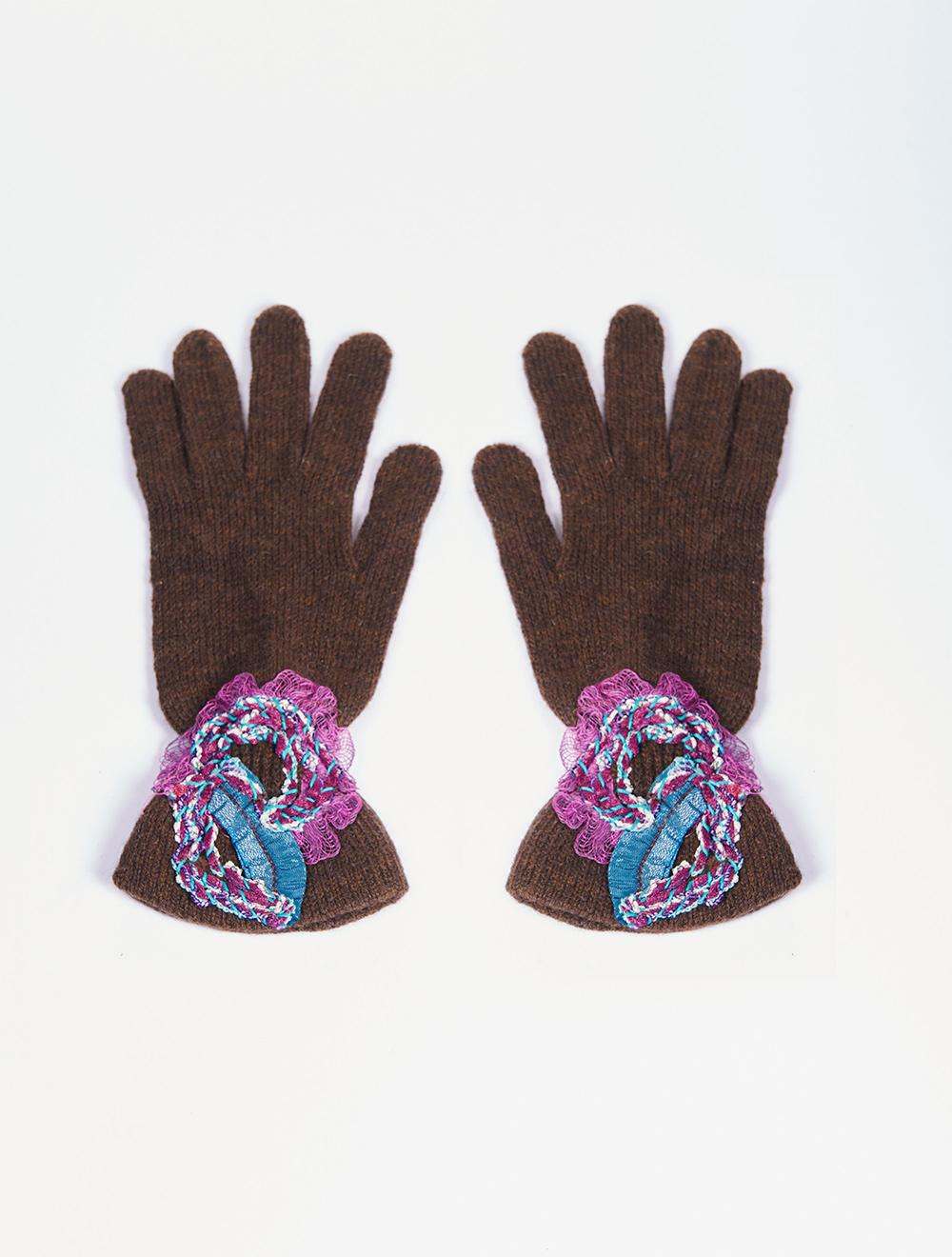 Save The Queen Guanto In Maglia Marrone Con Ricamo