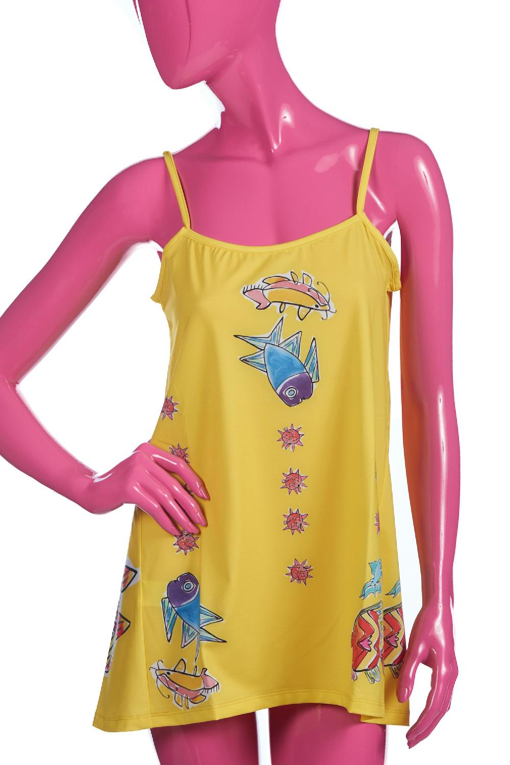 Save The Queen Top giallo con stampa pesci