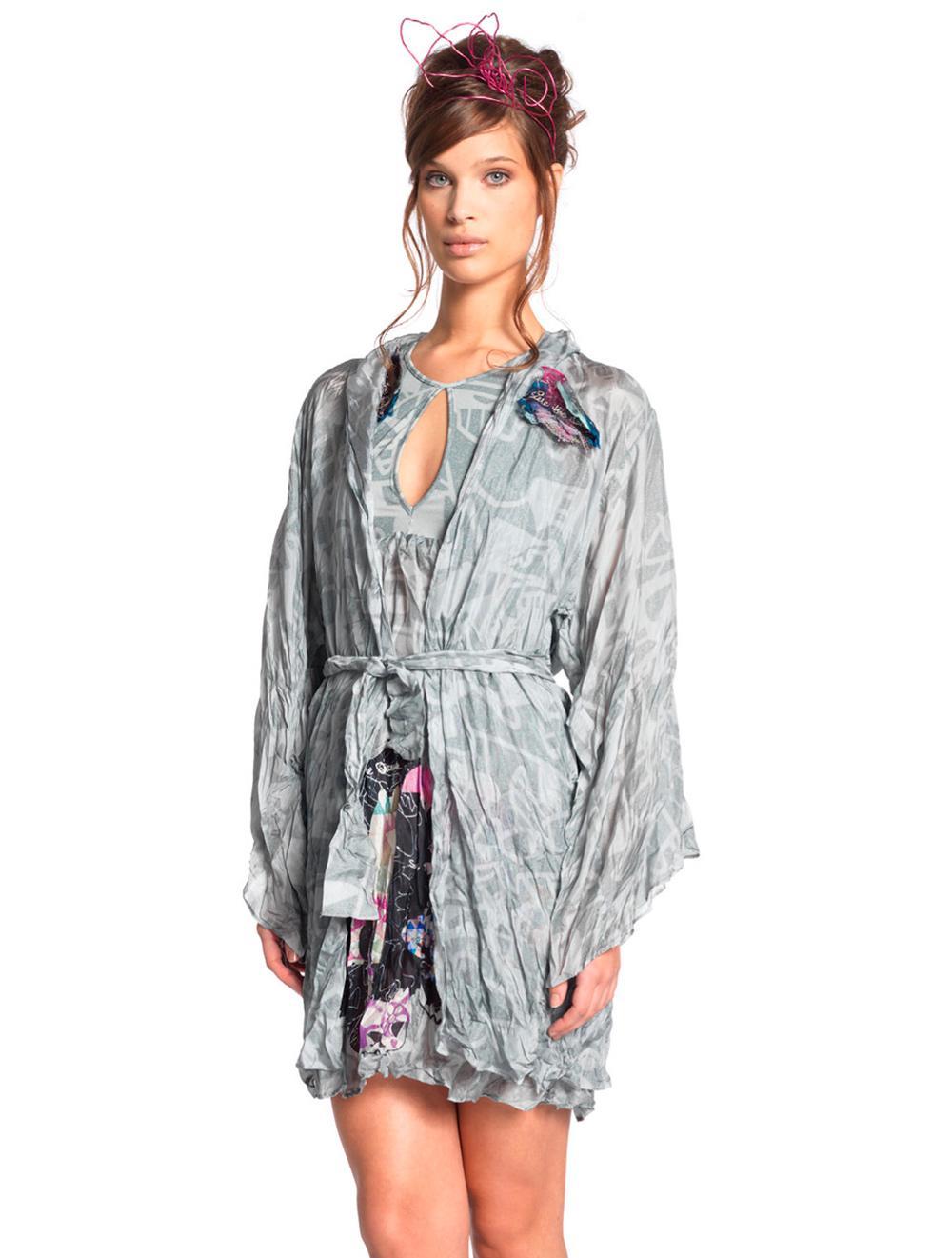 Save The Queen Set camicia da notte + vestaglia in seta grigia con stampa e applicazione