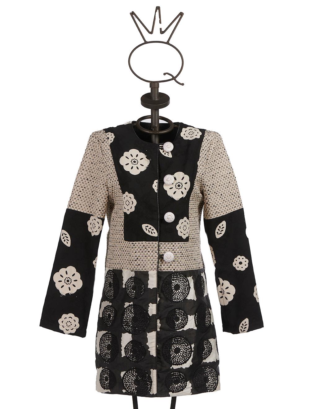 Save The Queen Spolverino 7/8 Ecrù E Nero In Tessuti Stampati Operati E Ricamati