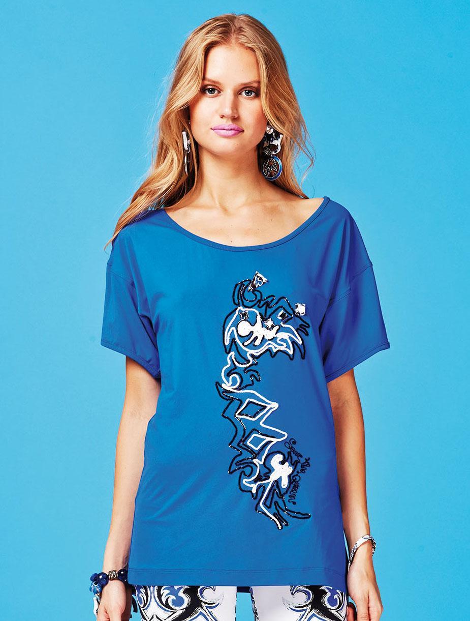 Save The Queen T-shirt bluette con ricamo e applicazioni