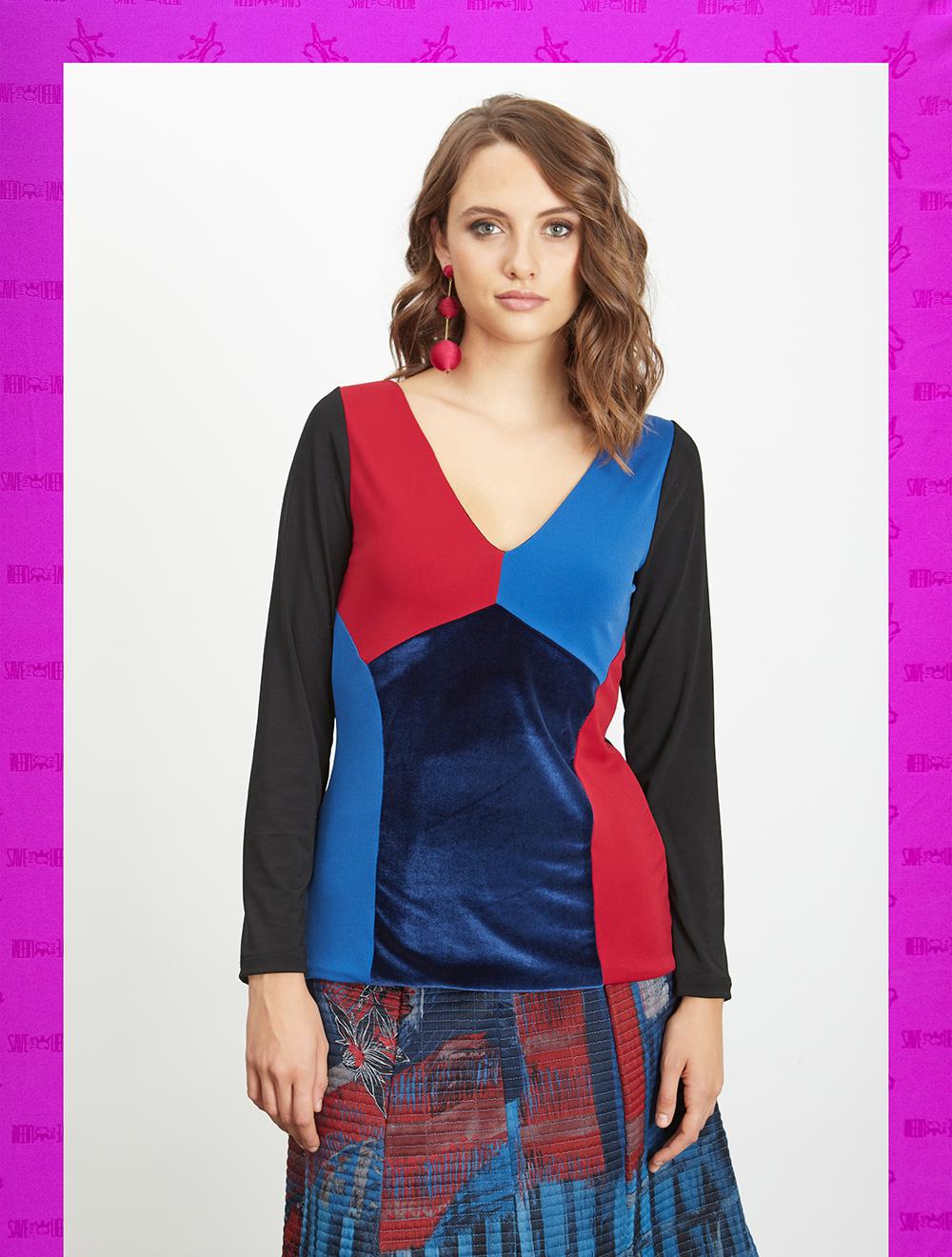 Save The Queen T-shirt Con Intarsi Di Jersey E Velluto Blu