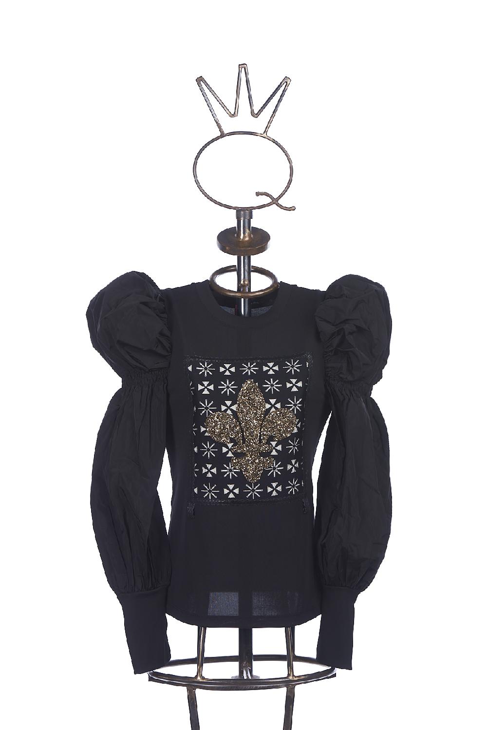 Save The Queen T-shirt con ricamo giglio di Firenze e maniche in taffetà