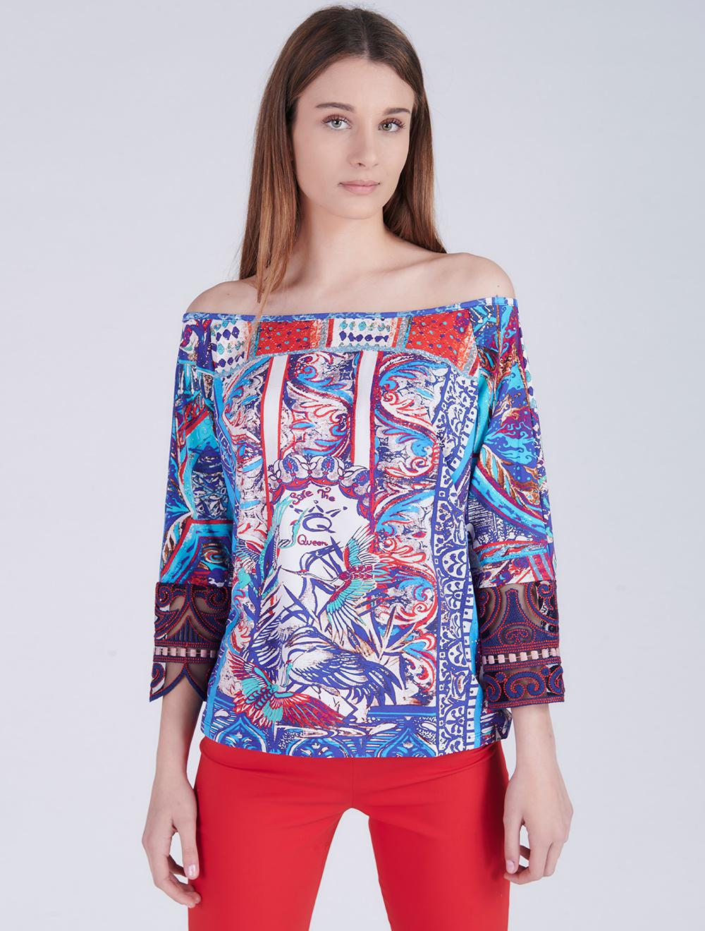 Save The Queen T-shirt In Jersey Di Viscosa Con Stampa Astratta E Dettagli In Pizzo