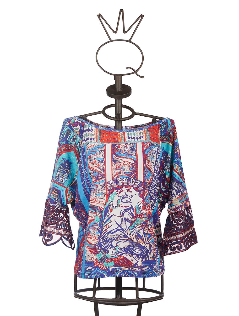 Save The Queen T-shirt in jersey di viscosa con stampa astratta e dettagli in pizzo