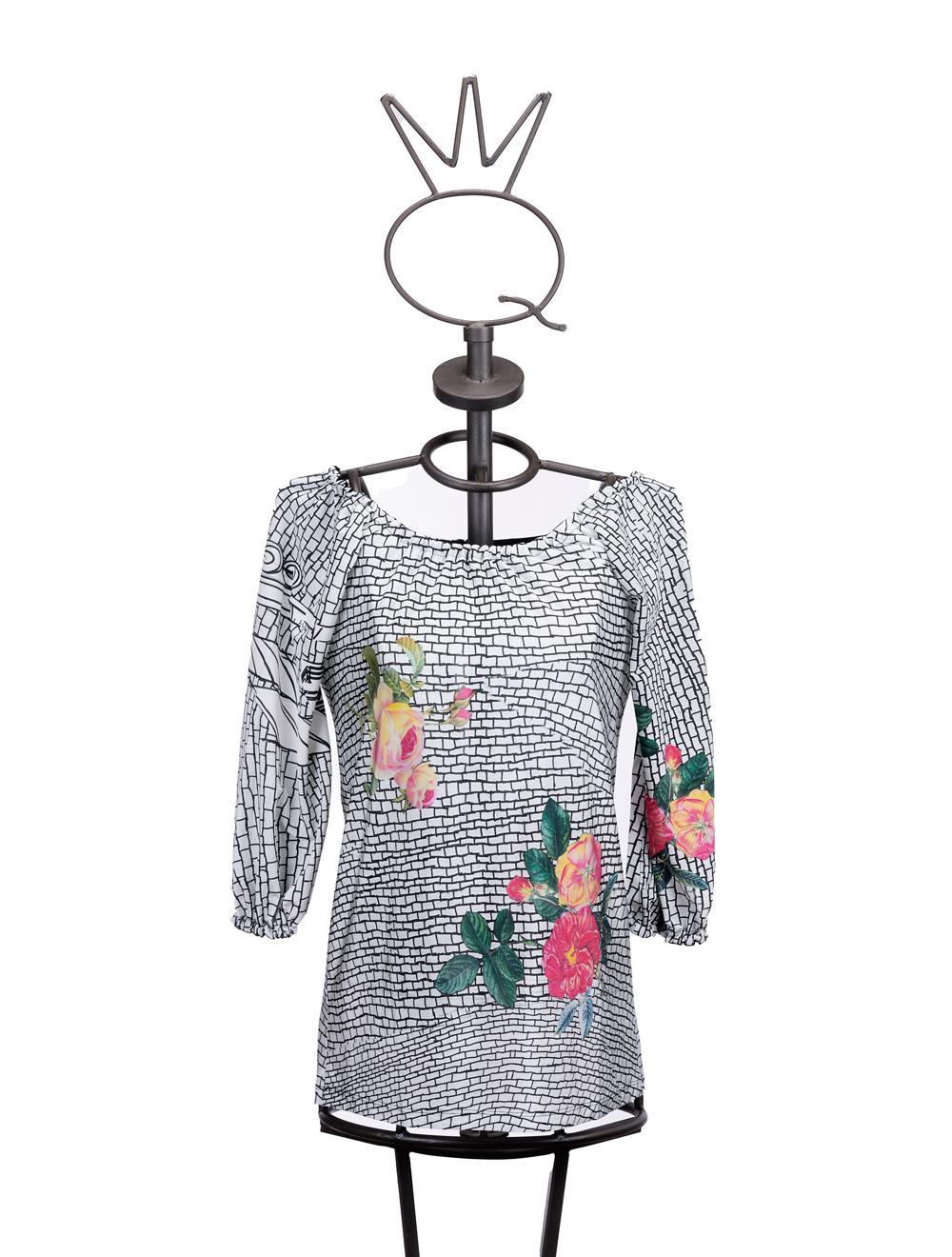 Save The Queen T-shirt in jersey di viscosa con stampa geometrica e floreale