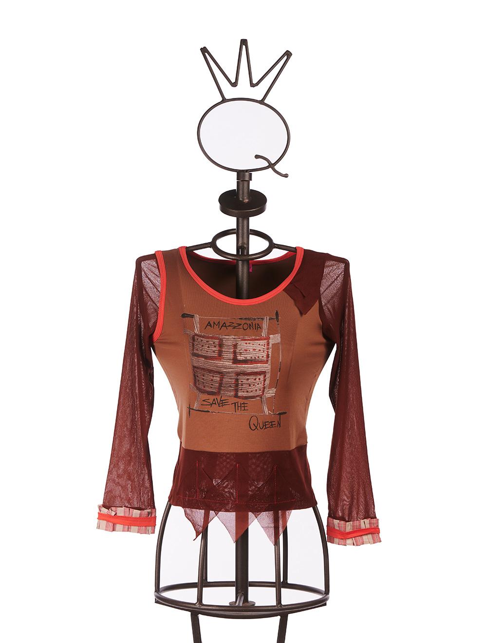 Save The Queen T-shirt in jersey e tulle con stampa dedicata all’Amazzonia e dettagli in cotone