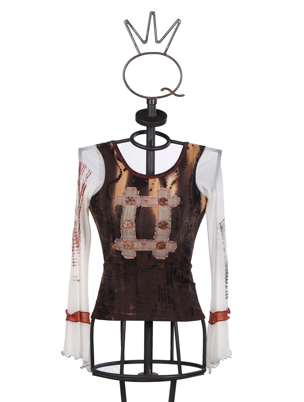 Save The Queen T-shirt marrone con stampa e applicazioni