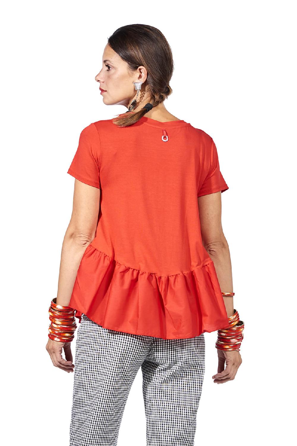 Save The Queen T-shirt Rossa Con Ricami E Balza In Tessuto